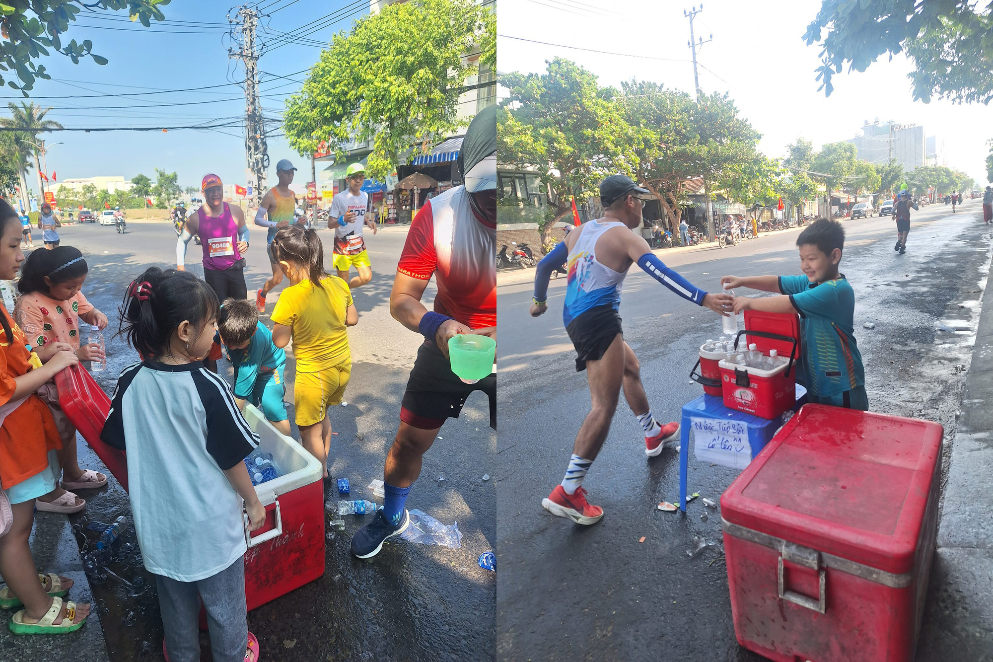 Một trạm tiếp nước của bà con, những người bỏ tiền túi mua đá, nước đóng chai phục vụ các VĐV.