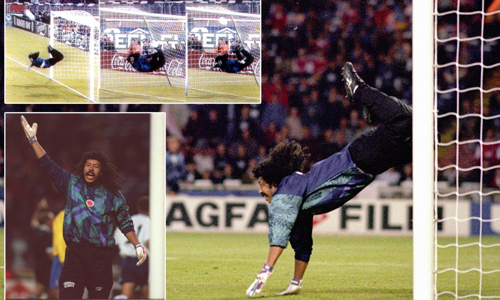 Pha bay người cản phá kiểu bò cạp trứ danh của Higuita trong trận gặp Anh tại Wembley. Pha bay người cản phá kiểu bò cạp trứ danh của Higuita trong trận gặp Anh tại Wembley.