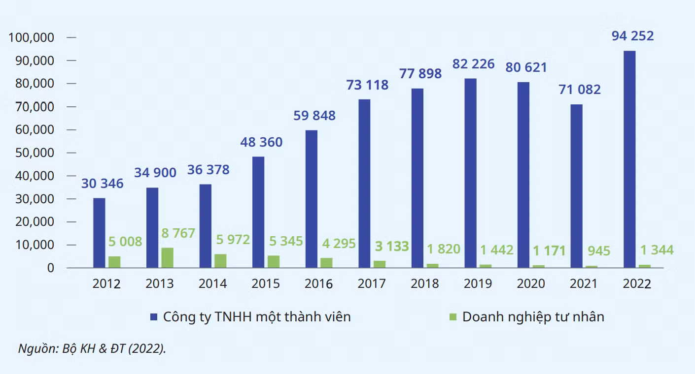 Hình thức doanh nghiệp tư nhân không còn hấp dẫn sau khi hình thức công ty TNHH MTV được Luật Doanh nghiệp 2005 công nhận. Thống kê: Báo cáo ILO.
