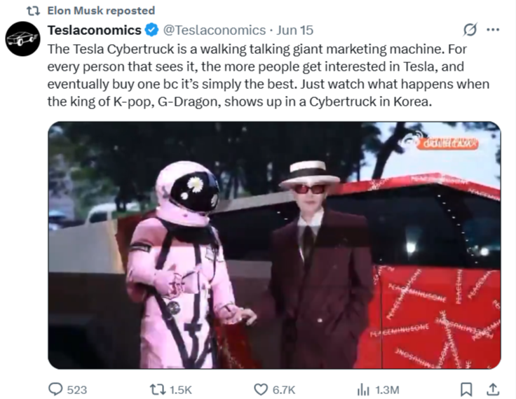 Đoạn video trở thành chủ đề nóng, vượt qua 1 triệu lượt xem trên X, cho thấy G-Dragon xuất hiện trong một chiếc Cybertruck được bọc bằng logo thương hiệu 'PEACEMINUSONE' của anh tại sự kiện ra mắt Highball được tổ chức tại Khách sạn Grand Hyatt ở Seoul vào ngày 13/6 đã được Elon Musk, retweet vào ngày 17/6 với nội dung: "Hãy xem điều gì sẽ xảy ra khi G-Dragon, ông hoàng nhạc K-pop, xuất hiện tại Hàn Quốc trong một chiếc Cybertruck". Đặc biệt, mẹ của Elon Musk, bà Maye Musk, cũng đã retweet một bài đăng vào cùng ngày có chứa tin tức về sự xuất hiện của G-Dragon trên Cybertruck.