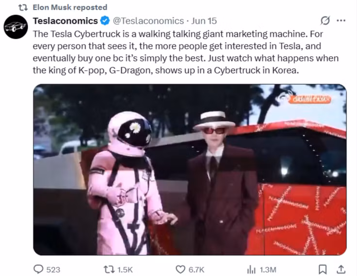 Đoạn video trở thành chủ đề nóng, vượt qua 1 triệu lượt xem trên X, cho thấy G-Dragon xuất hiện trong một chiếc Cybertruck được bọc bằng logo thương hiệu 'PEACEMINUSONE' của anh tại sự kiện ra mắt Highball được tổ chức tại Khách sạn Grand Hyatt ở Seoul vào ngày 13/6 đã được Elon Musk, retweet vào ngày 17/6 với nội dung: "Hãy xem điều gì sẽ xảy ra khi G-Dragon, ông hoàng nhạc K-pop, xuất hiện tại Hàn Quốc trong một chiếc Cybertruck". Đặc biệt, mẹ của Elon Musk, bà Maye Musk, cũng đã retweet một bài đăng vào cùng ngày có chứa tin tức về sự xuất hiện của G-Dragon trên Cybertruck.