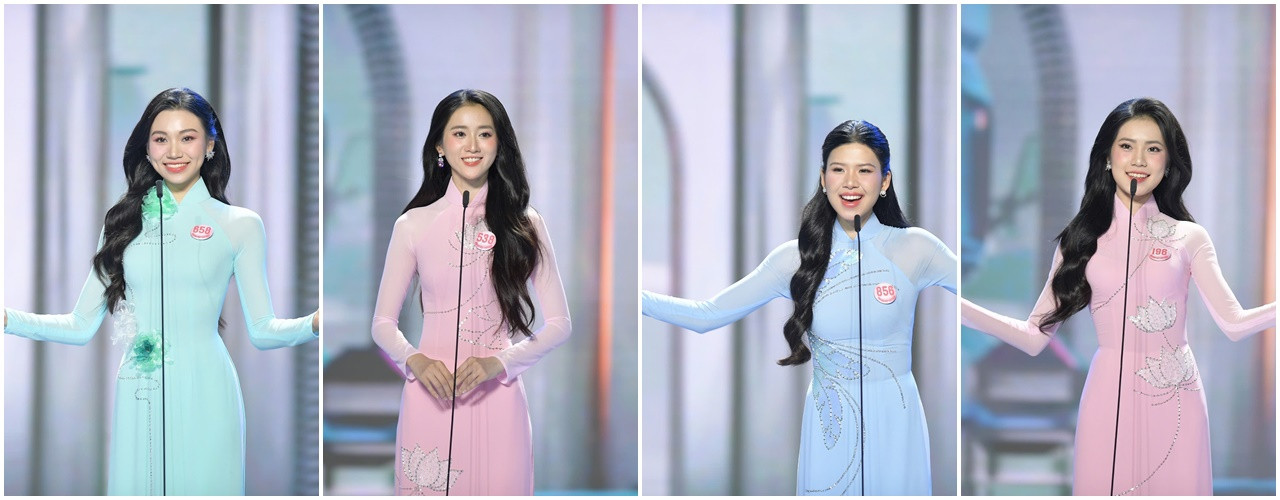 Điểm đổi mới trong phần thi áo dài so với các mùa trước là thí sinh tự giới thiệu bản thân bằng màn hô tên.