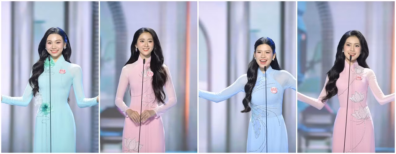 Điểm đổi mới trong phần thi áo dài so với các mùa trước là thí sinh tự giới thiệu bản thân bằng màn hô tên.