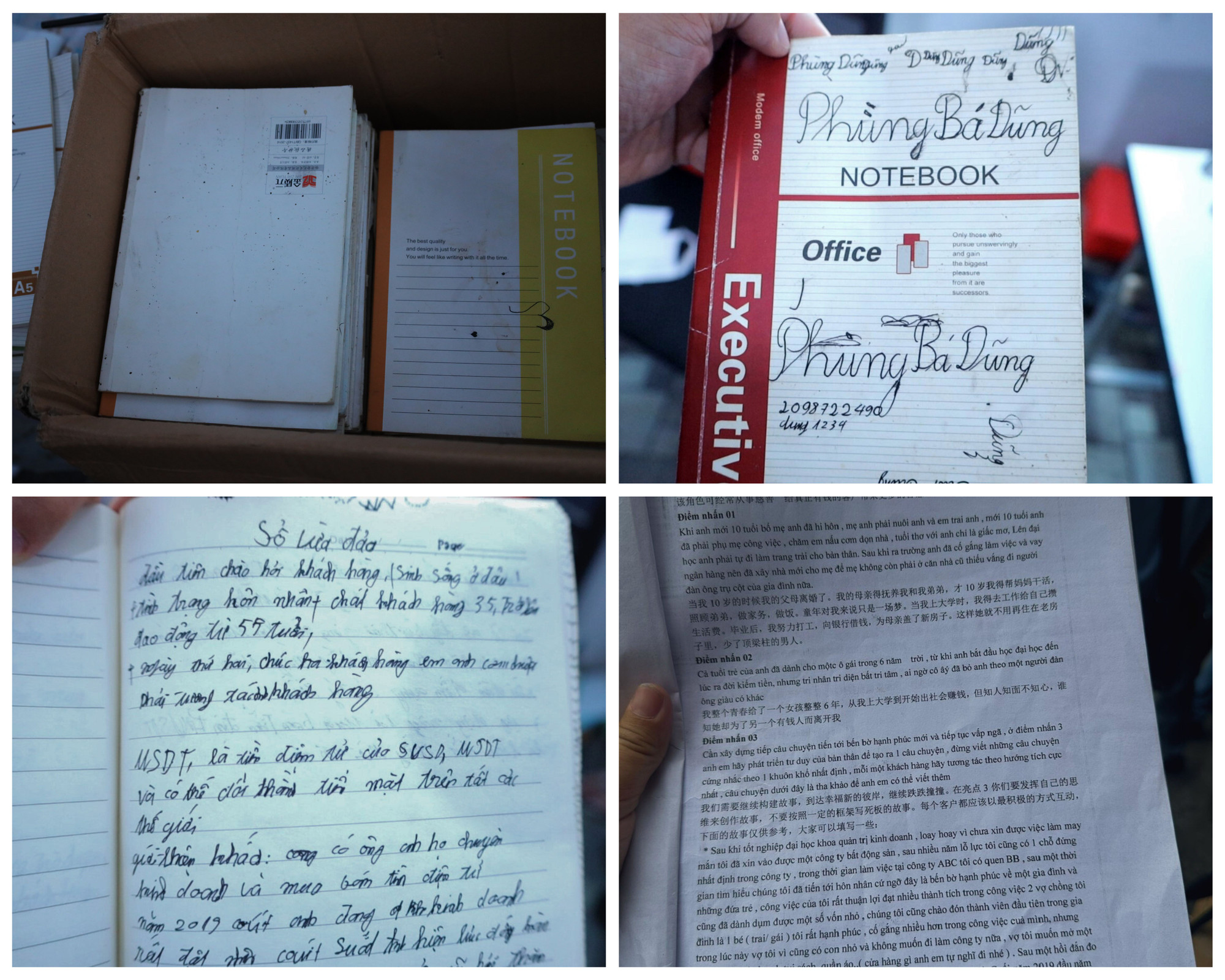 Lực lượng chức năng phát hiện, thu giữ hàng chục cuốn sổ ghi chép lại các kịch bản lừa đảo (Ảnh: Công an cung cấp). Lực lượng chức năng phát hiện, thu giữ hàng chục cuốn sổ ghi chép lại các kịch bản lừa đảo (Ảnh: Công an cung cấp).