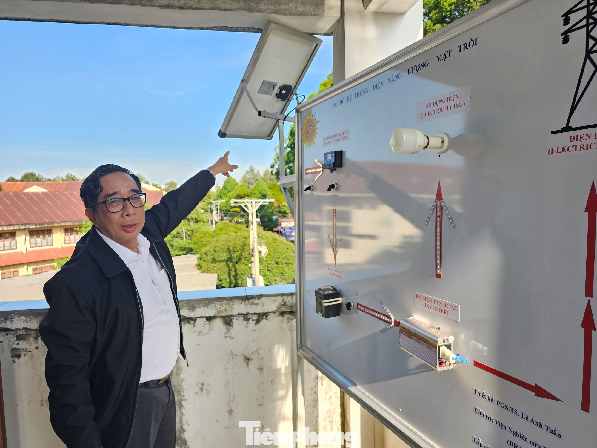 PGS.TS Lê Anh Tuấn mô phỏng sơ đồ hệ thống điện năng lượng mặt trời. Ảnh: Hòa Hội. PGS.TS Lê Anh Tuấn mô phỏng sơ đồ hệ thống điện năng lượng mặt trời. Ảnh: Hòa Hội.