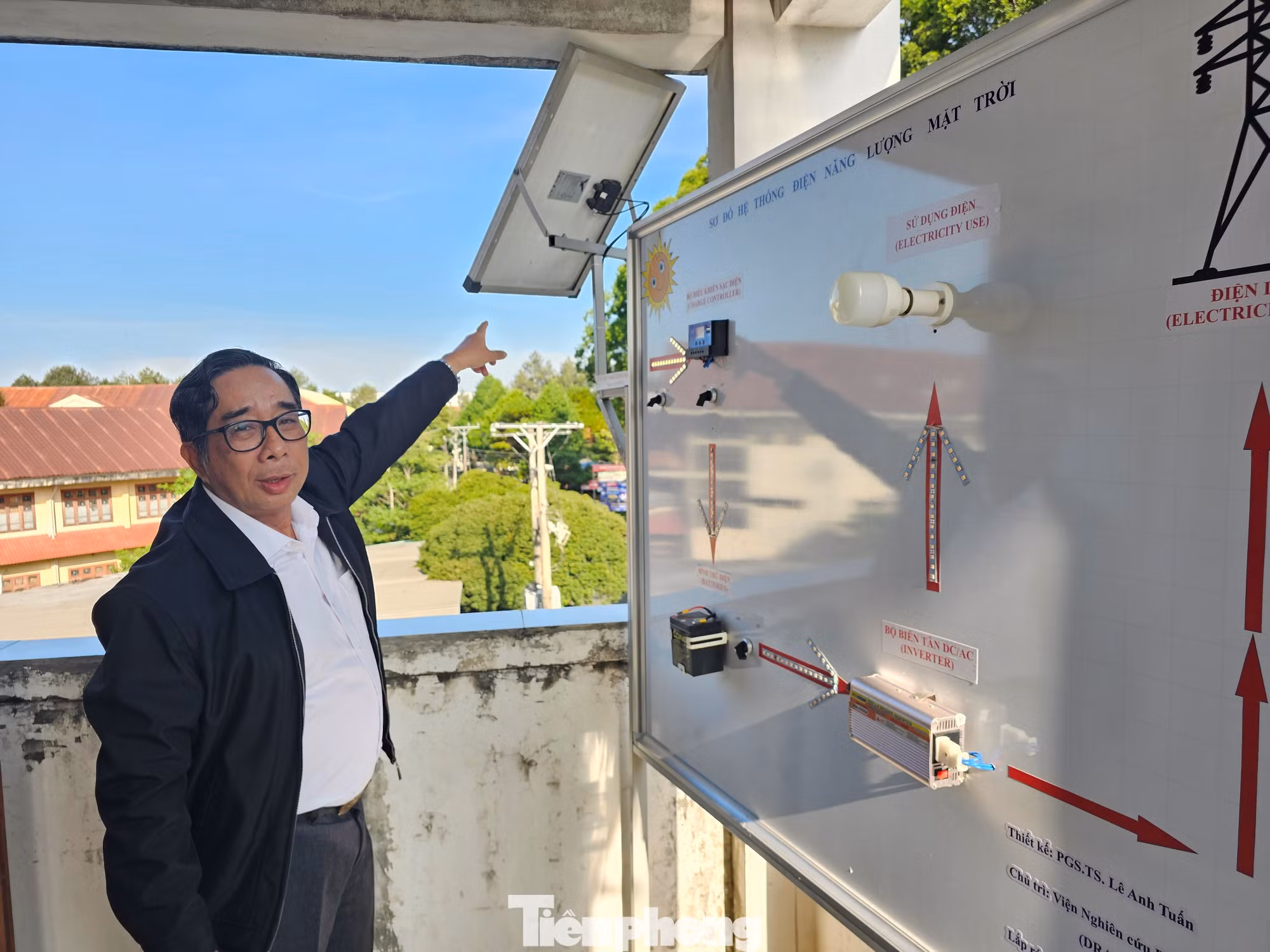 PGS.TS Lê Anh Tuấn mô phỏng sơ đồ hệ thống điện năng lượng mặt trời. Ảnh: Hòa Hội. PGS.TS Lê Anh Tuấn mô phỏng sơ đồ hệ thống điện năng lượng mặt trời. Ảnh: Hòa Hội.