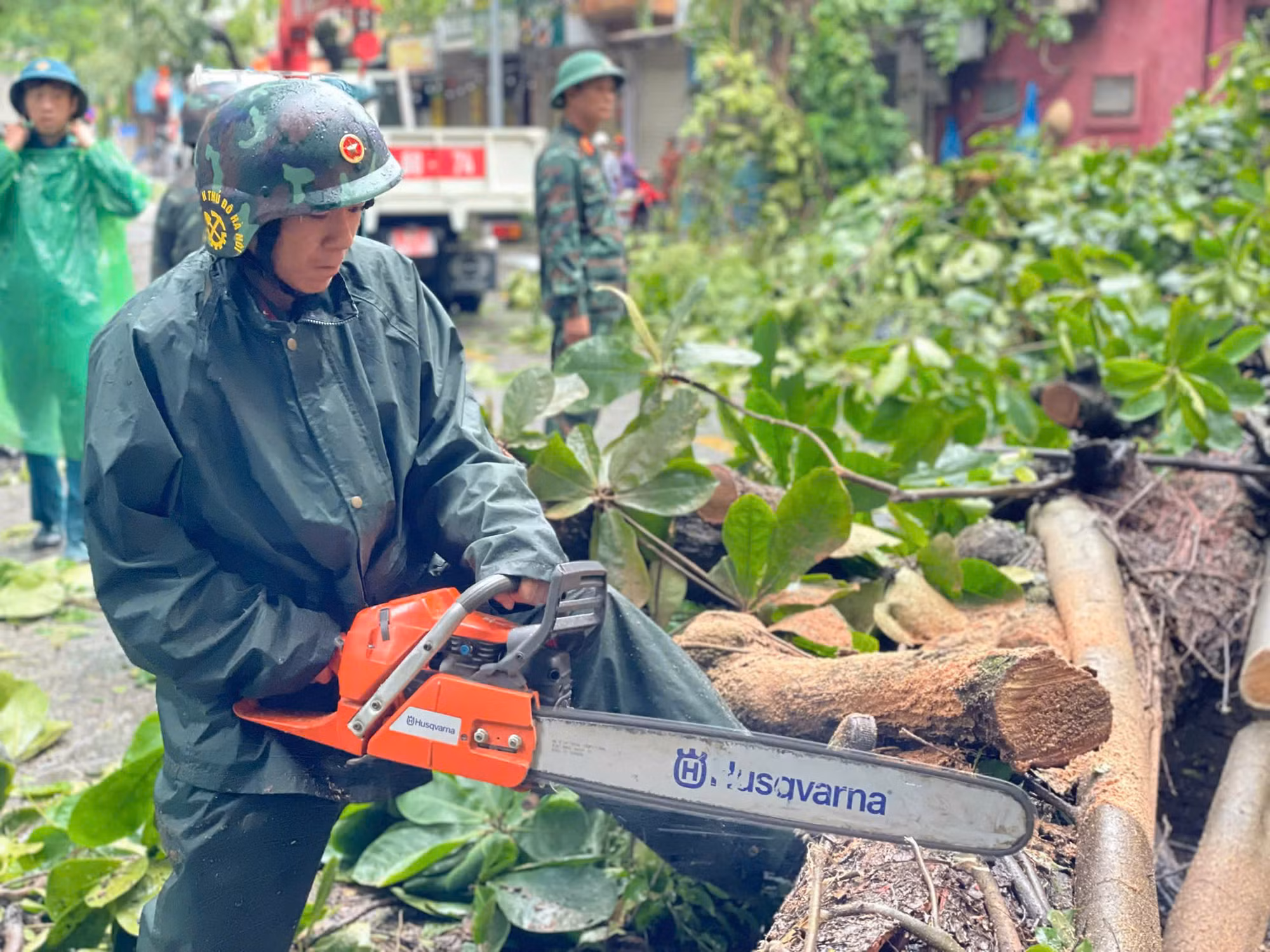 Dọn dẹp cây đổ sau bão. Ảnh: Dương Triều Dọn dẹp cây đổ sau bão. Ảnh: Dương Triều