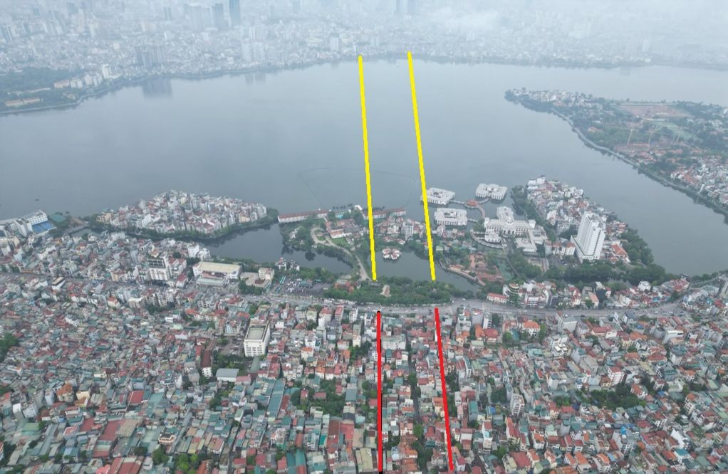 Vị trí đường dẫn cầu Tứ Liên qua địa bàn quận Tây Hồ và kết thúc ở nút giao với đường Nghi Tàm (quận Tây Hồ) - đường màu đỏ. Vượt qua đường Nghi Tàm là vị trí được đề xuất làm hầm qua Hồ Tây (đường màu vàng).