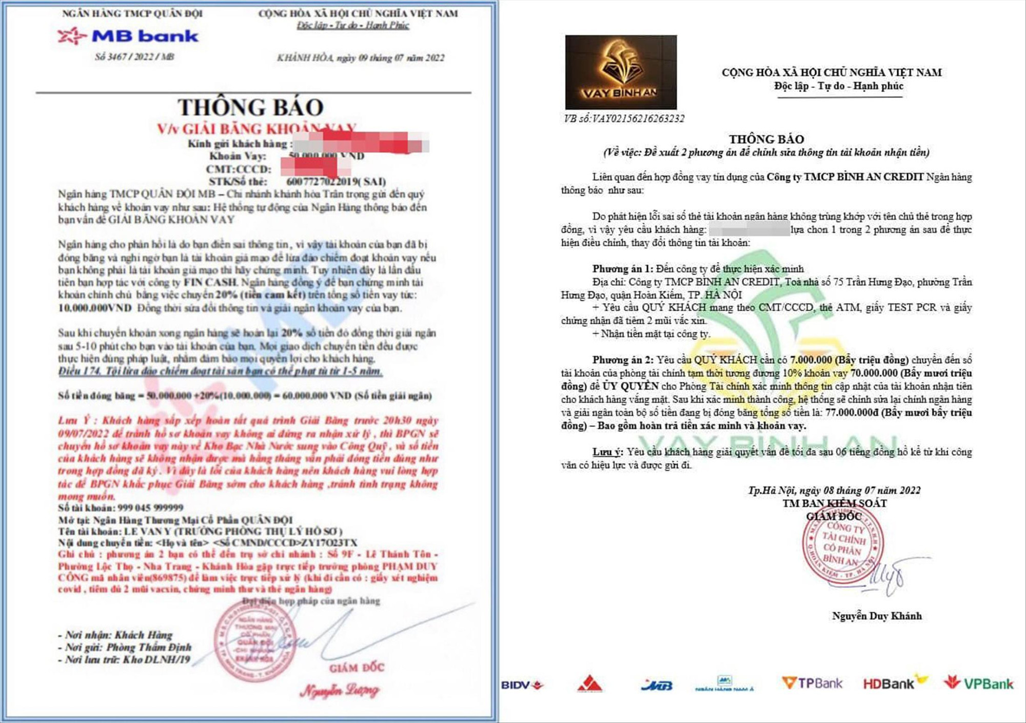 Giấy tờ giả mạo tổ chức tín dụng các đối tượng gửi cho nạn nhân