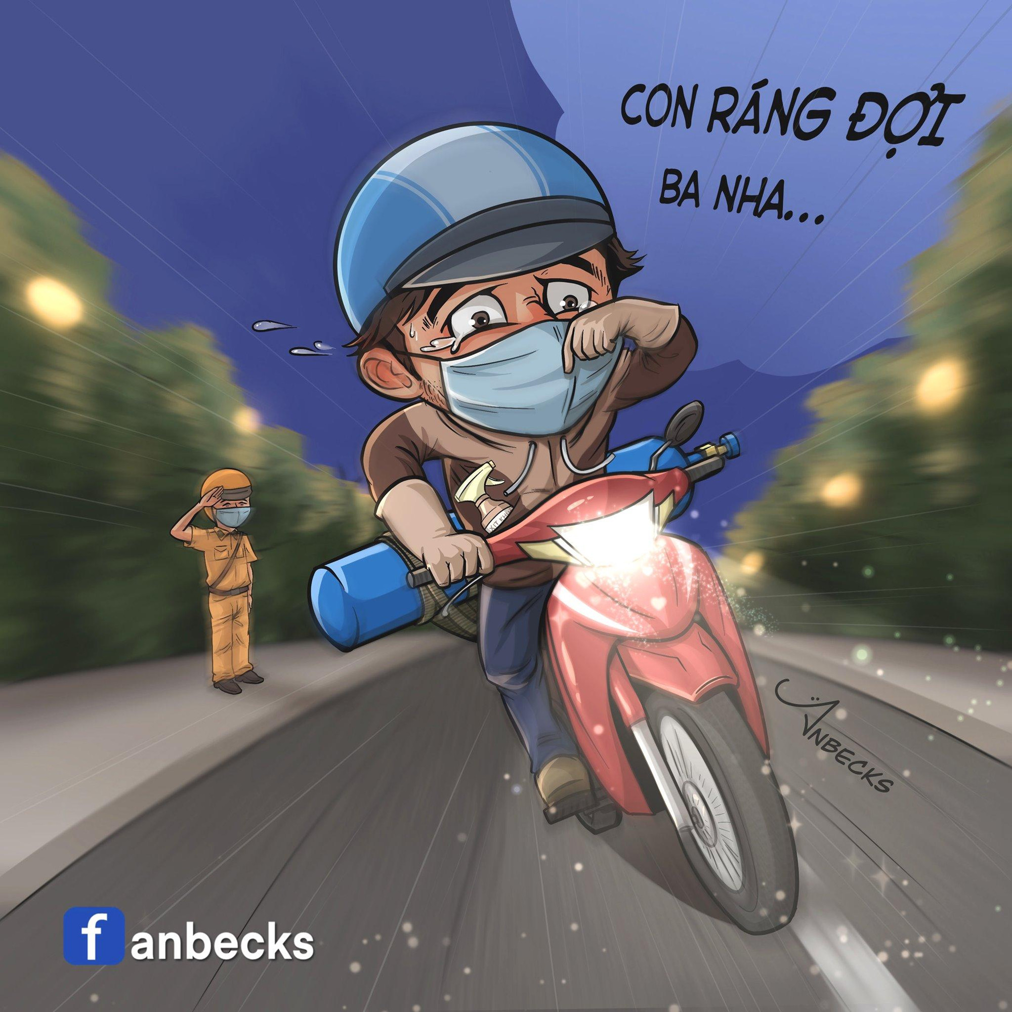 Tranh biếm hoạ người cha ra đường sau 6h tại Sài Gòn để chở bình oxy cho con bị bệnh khiến nhiều người xúc động.