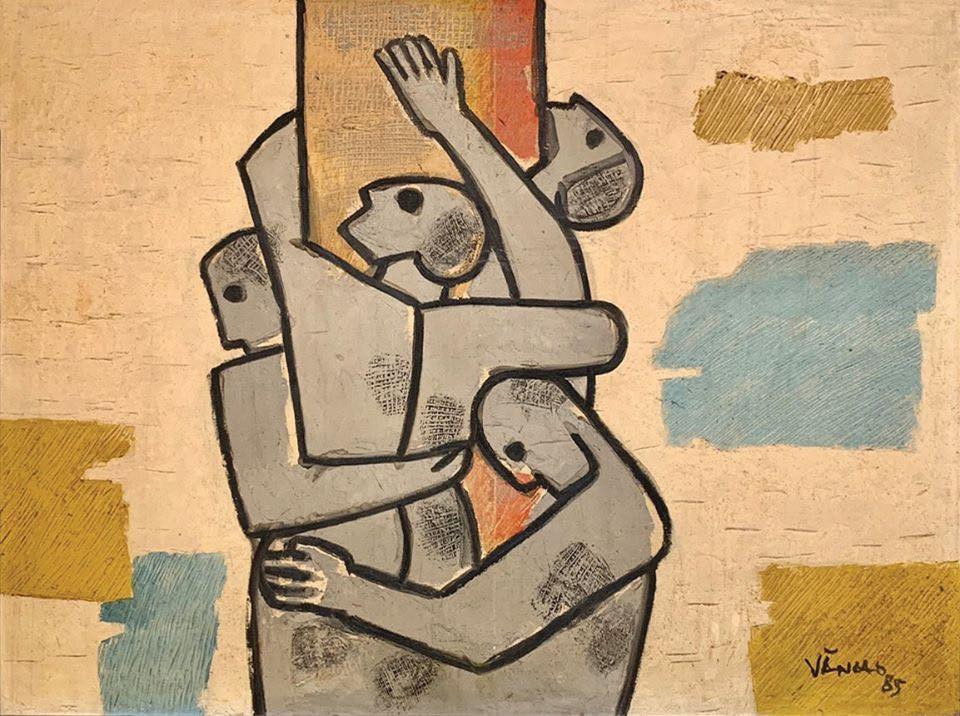 Bức sơn dầu Leo cột mỡ Văn Cao vẽ năm 1985 thuộc sở hữu của ông Nguyễn Văn Lâm.