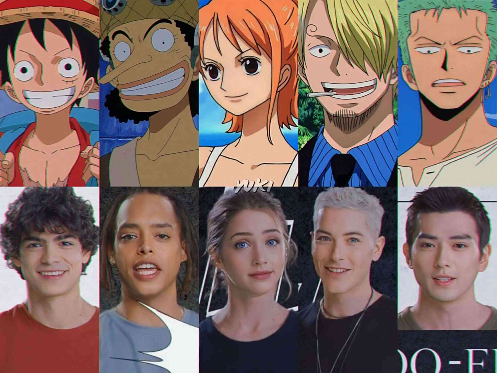 Dàn diễn viên One Piece từ trái sang: Godoy (vai Luffy), Jacob Romero (Usopp), Emily Rudd (Nami), Taz Skylar (Sanji), Mackenyu (Roronoa Zoro).