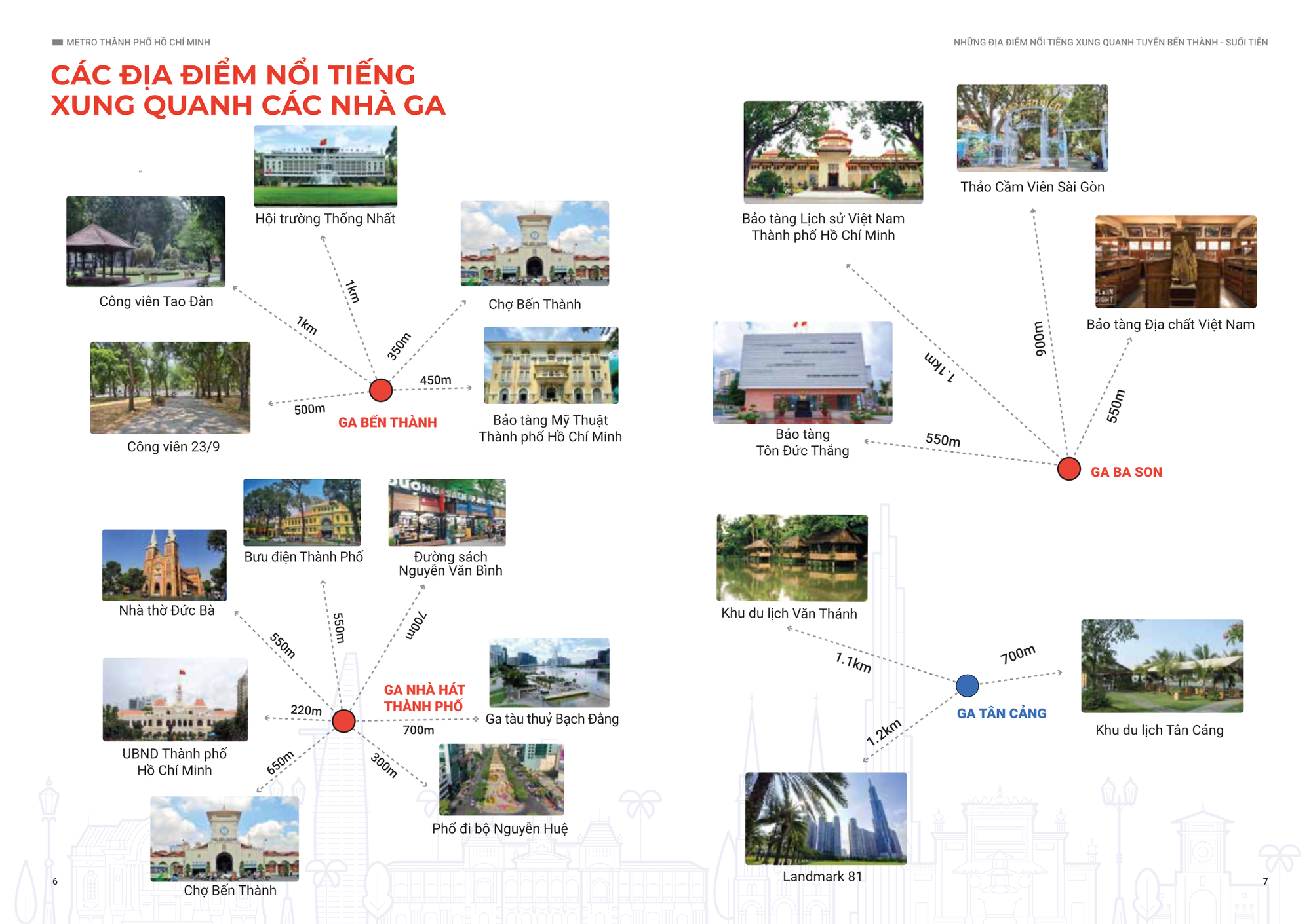 Những địa điểm nổi tiếng xung quanh 3 nhà ga ngầm (Bến Thành, Nhà hát Thành phố, Ba Son) và ga Tân Cảng.