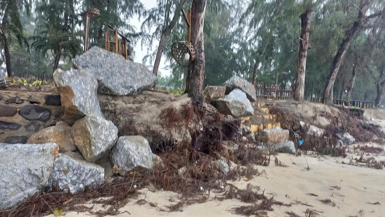 Sạt lở tạo hàm ếch tại một điểm thuộc bờ biển Mỹ Khê.