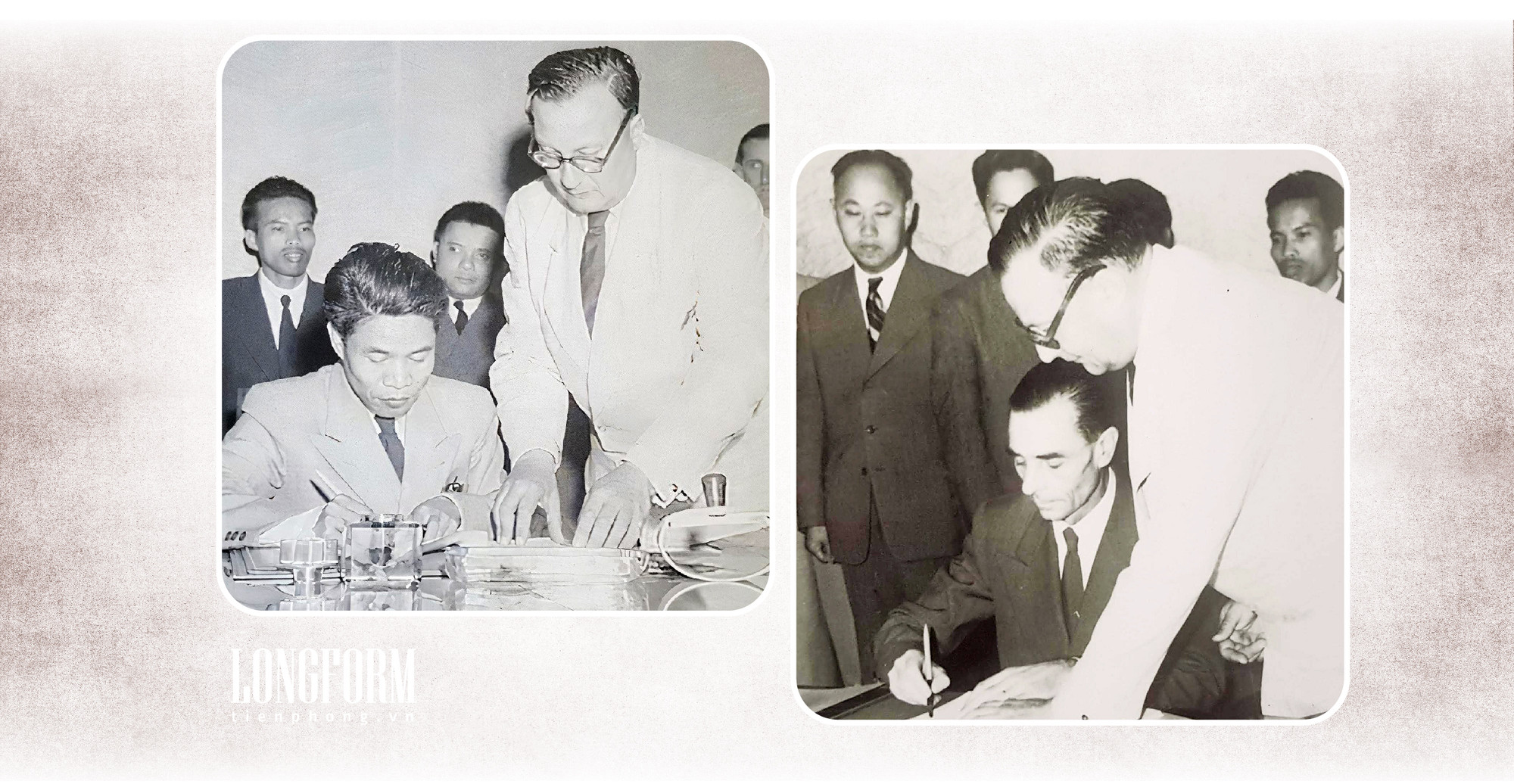 Thứ trưởng Bộ Quốc phòng Tạ Quang Bửu, Đại diện Bộ Tư lệnh QĐND Việt Nam và Tướng Đen-Tây, đại diện Bộ Tư lệnh các lực lượng vũ trang Pháp ký Hiệp định Giơ-ne-vơ. Ảnh: T.L Thứ trưởng Bộ Quốc phòng Tạ Quang Bửu, Đại diện Bộ Tư lệnh QĐND Việt Nam và Tướng Đen-Tây, đại diện Bộ Tư lệnh các lực lượng vũ trang Pháp ký Hiệp định Giơ-ne-vơ. Ảnh: T.L