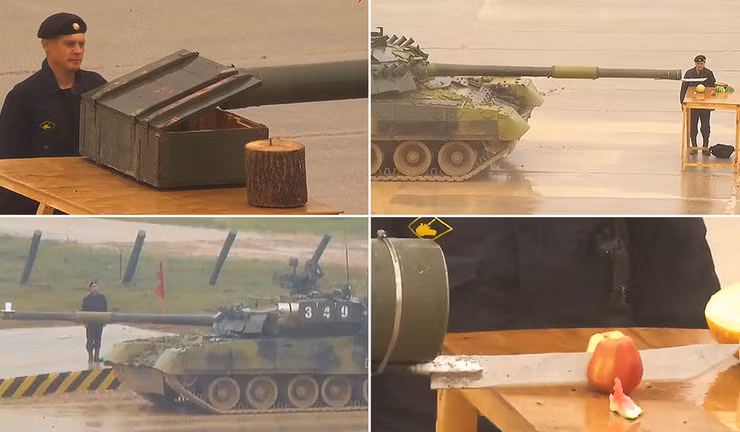 Lính Nga chém hoa quả, vẽ tranh bằng nòng pháo xe tăng T-80 