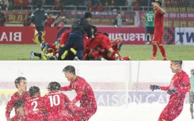 Khoảnh khắc giữa tuyết trắng Thường Châu và "bão đỏ" Mỹ Đình sao giống nhau đến thế!