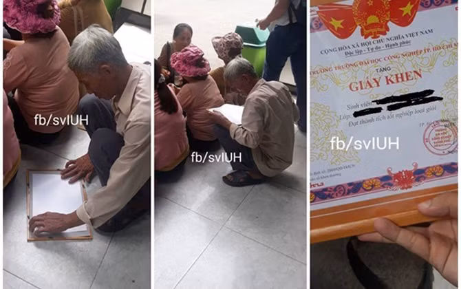 Xúc động với bức ảnh người cha già nâng niu tấm bằng Đại học loại Giỏi của con
