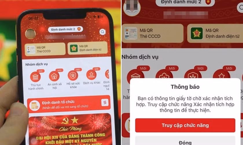 Màn hình chính VNeID không hiển thị thông báo “Truy cập chức năng” để xác thực SIM