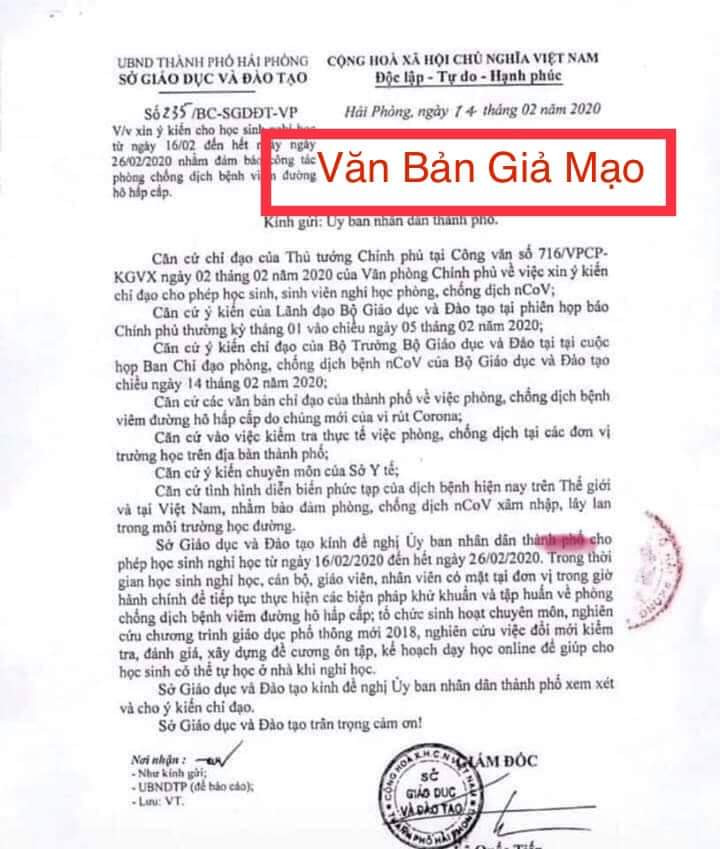 Lan truyền văn bản giả mạo Hải Phòng cho học sinh nghỉ học ảnh 1