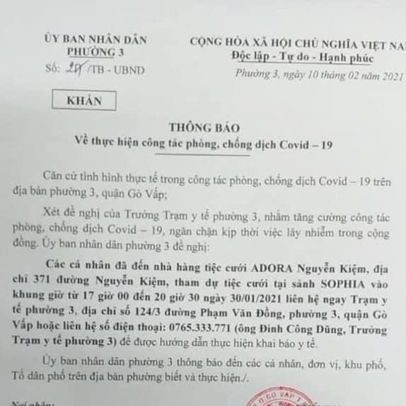 TPHCM kêu gọi người dự tiệc cưới nhà hàng Adora Gò Vấp liên hệ ngay trạm y tế ảnh 1