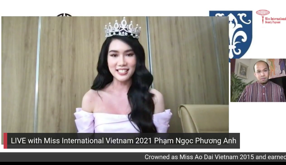 Á hậu Phương Anh livestream bằng tiếng Anh với giám đốc quốc gia Miss International ảnh 1