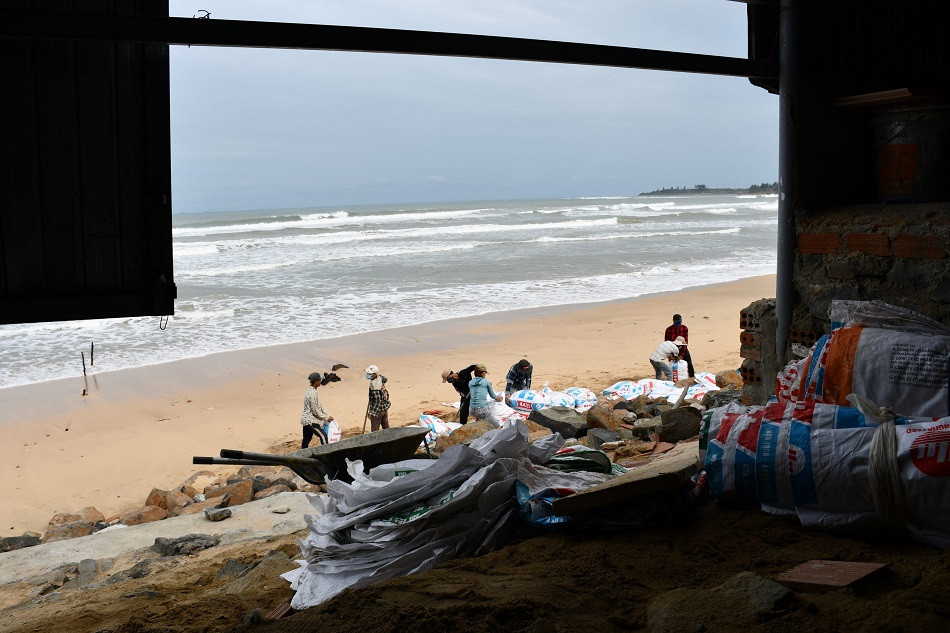 Người dân Quảng Ngãi hối hả ra biển lấy cát chống bão số 9 ảnh 11