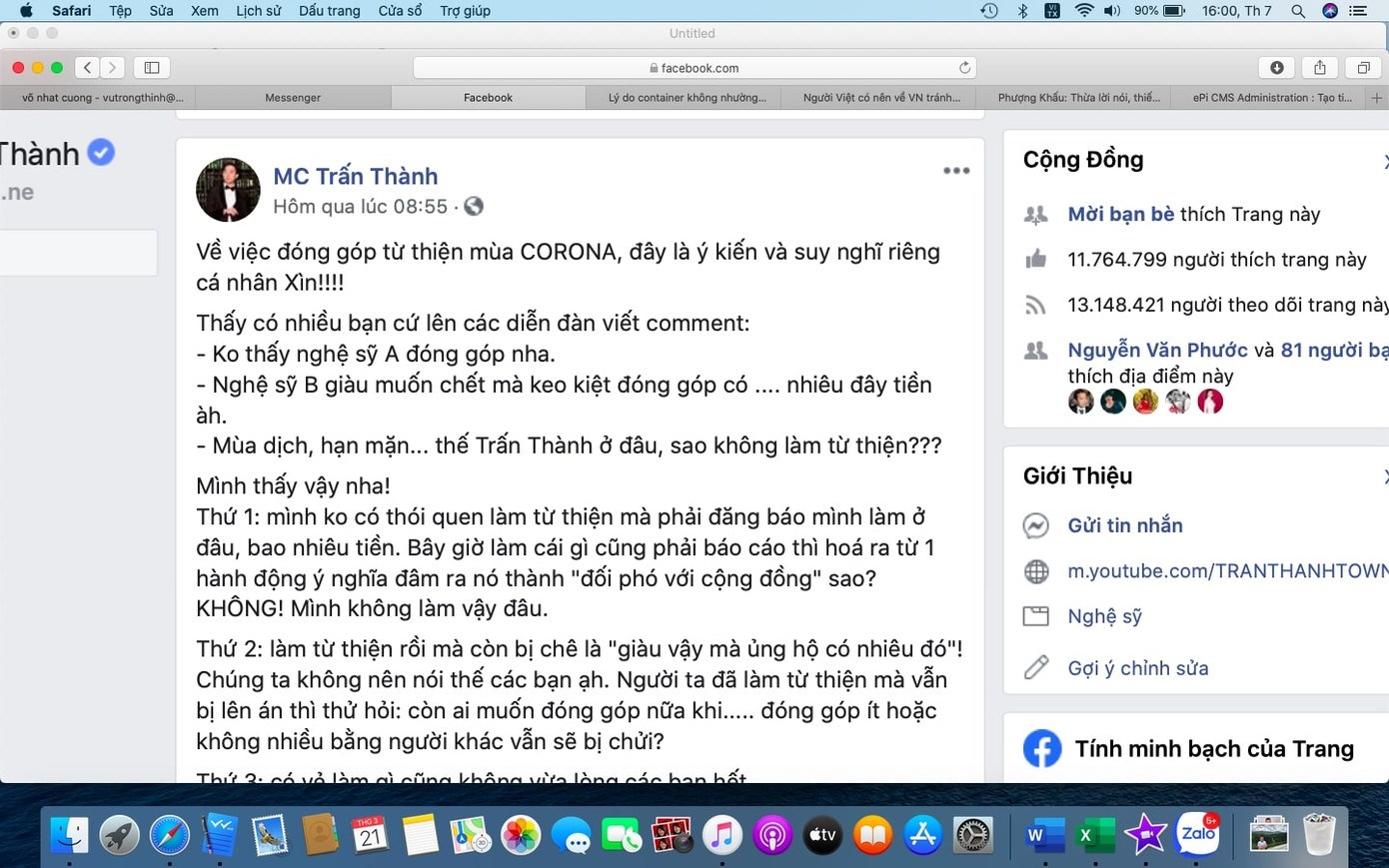 Bài chia sẻ của Trấn Thành mới đây Giữa ồn ào làm từ thiện của Trấn Thành, diễn viên Nhật Cường lên tiếng ảnh 2