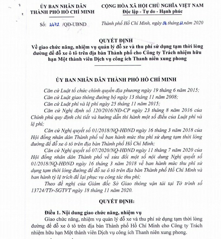 TPHCM giao Thanh niên xung phong quản lý, thu phí đỗ xe ô tô trên đường ảnh 1