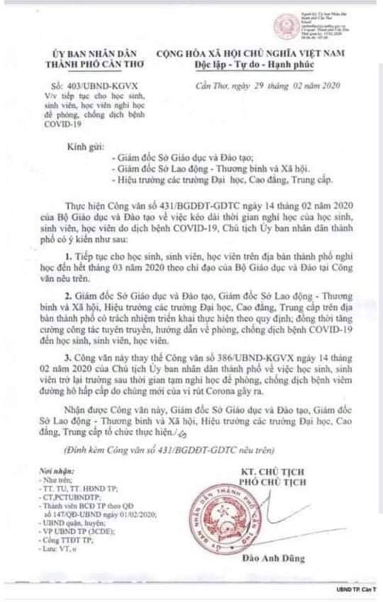Xuất hiện công văn giả mạo cho học sinh Cần Thơ nghỉ hết tháng 3 ảnh 1