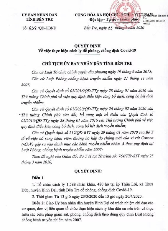 Bến Tre cách ly 1.588 người liên quan người nhiễm Covid -19 ảnh 1