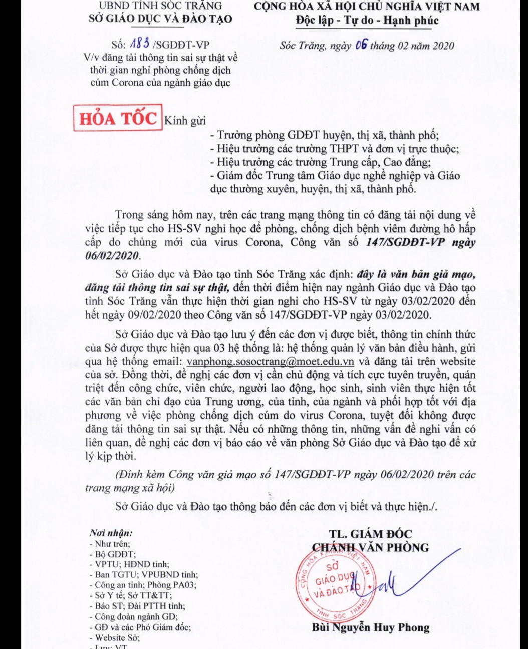Xuất hiện công văn giả mạo về thời gian nghỉ học ở Sóc Trăng ảnh 2