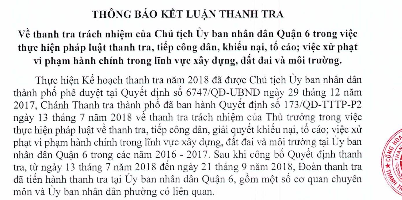 Kết luận thanh tra trách nhiệm Chủ tịch UBND Quận 6 ảnh 1