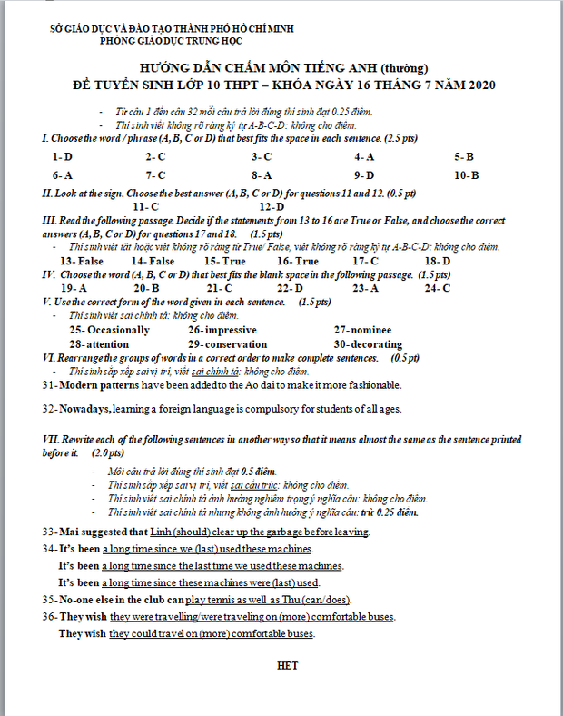 Trọn bộ đáp án chính thức Toán - Văn - Anh tuyển sinh lớp 10 năm 2020 từ Sở GD-ĐT TP.HCM ảnh 8