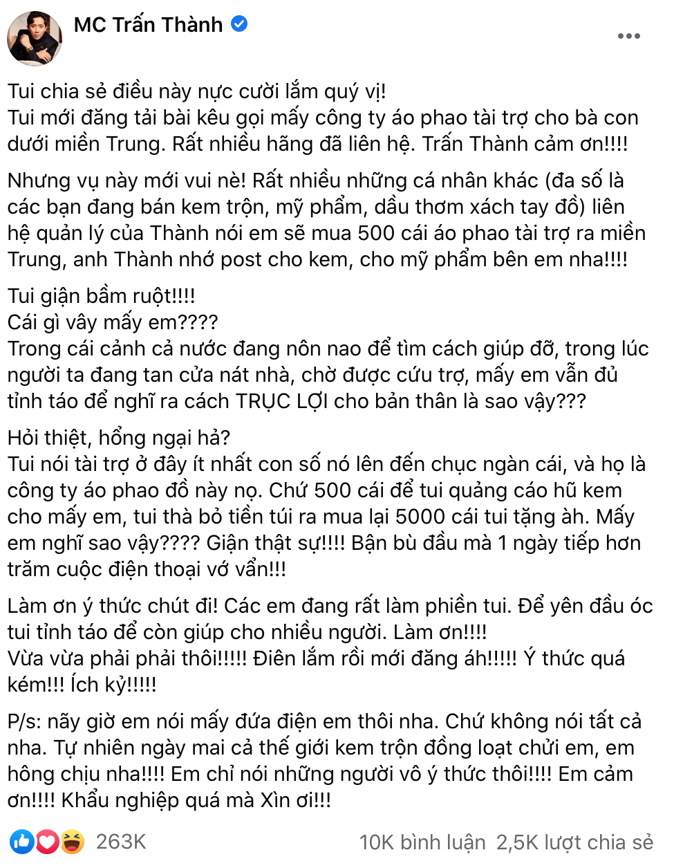 Sau Thủy Tiên, Trấn Thành bức xúc kẻ muốn trục lợi khi anh kêu gọi hỗ trợ miền Trung ảnh 2