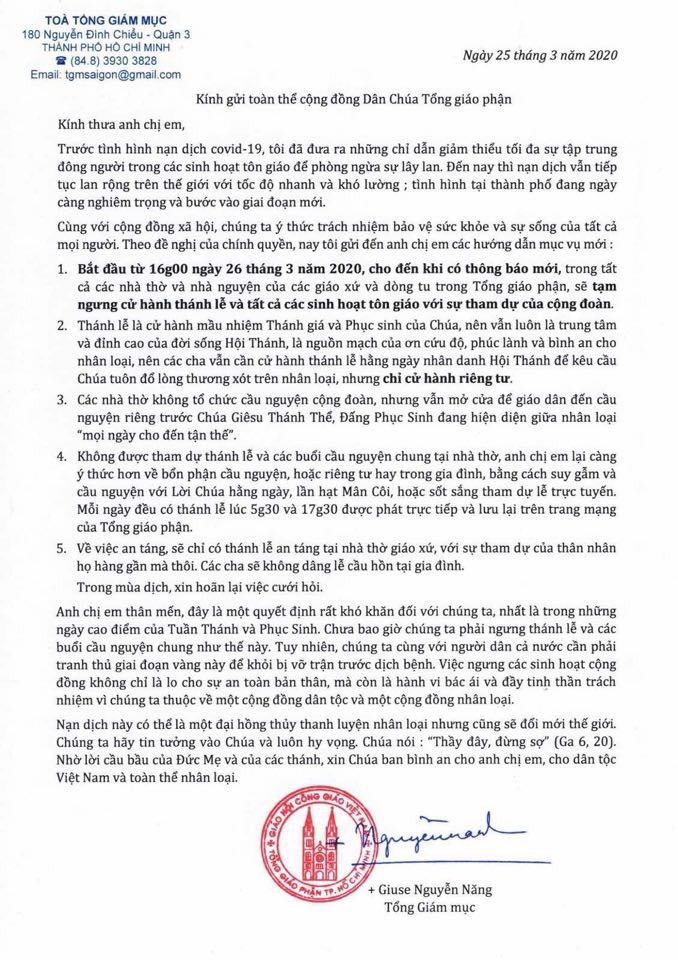 Nhà thờ ở TPHCM ngưng tổ chức thánh lễ trong mùa dịch COVID-19 ảnh 1