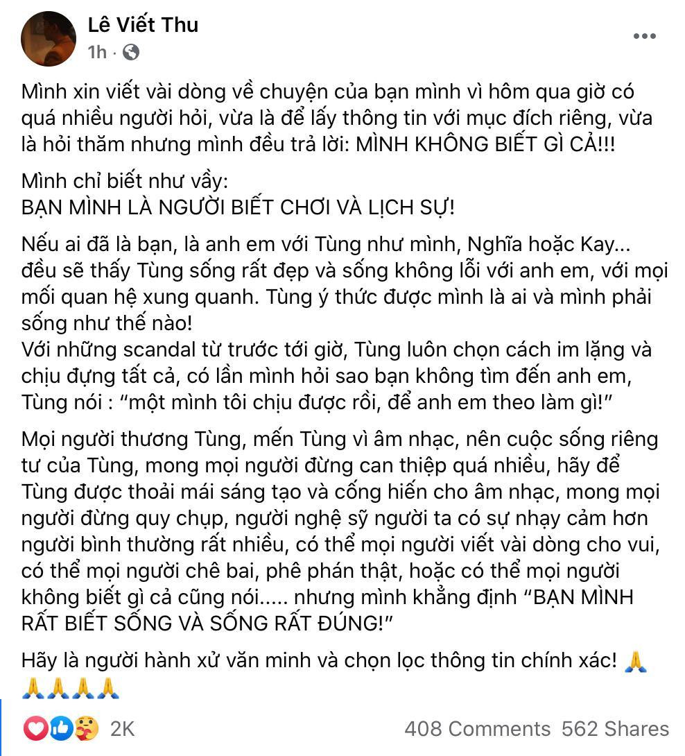 Bài đăng của bạn thân Sơn Tùng M-TP. Sơn Tùng M-TP lộ rõ nét ưu tư sau nghi vấn “đường ai nấy đi” với Thiều Bảo Trâm ảnh 3