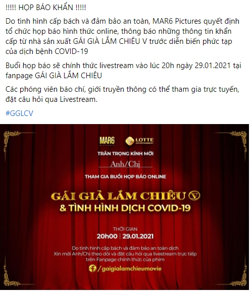 Bài đăng trên trang cá nhân của đạo diễn phim "Gái Già Lắm Chiêu 5". “Gái Già Lắm Chiêu 5” và “Bố Già” chính thức hủy sự kiện ra mắt phim do ảnh hưởng của dịch ảnh 1