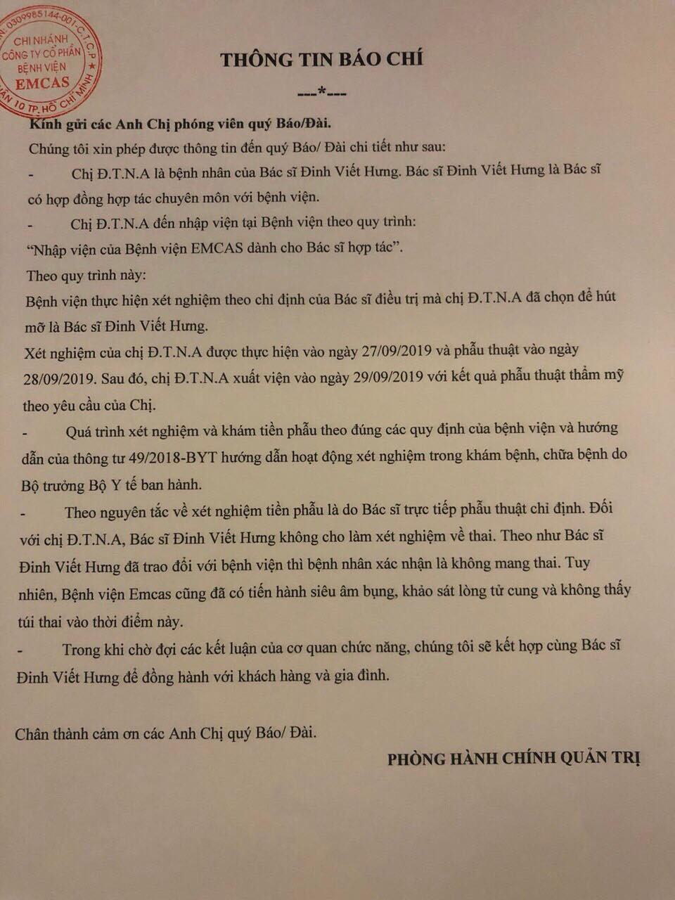 Bệnh viện Emcas bị tố hút mỡ bụng cho khách mang thai ảnh 1