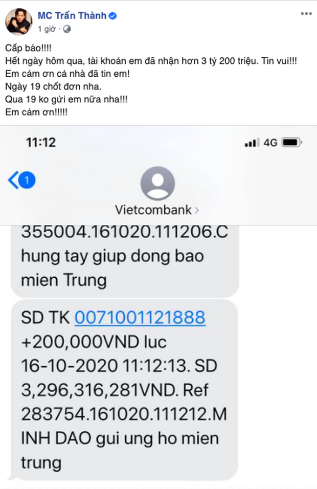 Mỹ Tâm tặng quà, Trấn Thành quyên góp được hơn 3 tỷ đồng ủng hộ đồng bào miền Trung ảnh 1