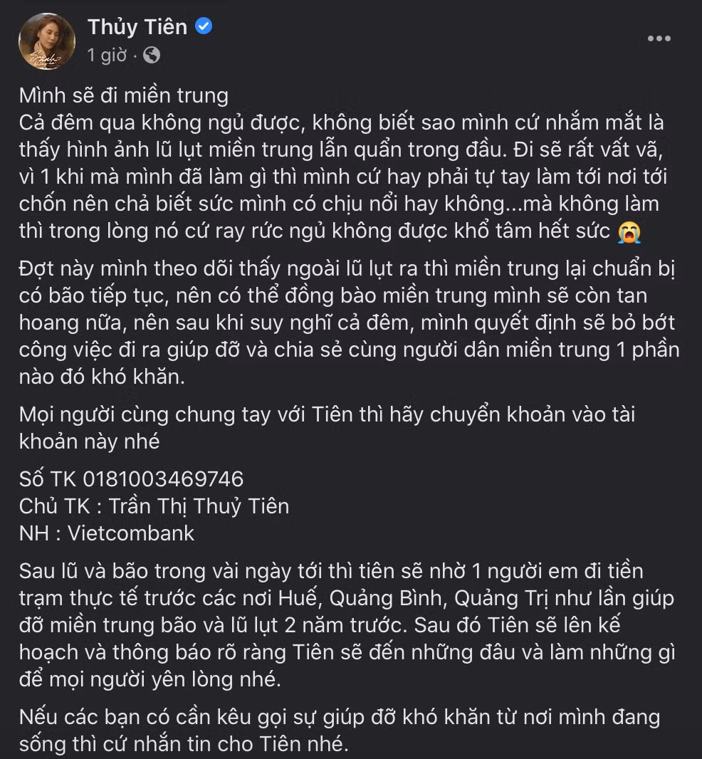 Thủy Tiên, H'Hen Niê cùng loạt sao Việt kêu gọi ủng hộ đồng bào miền Trung trong mùa bão ảnh 1