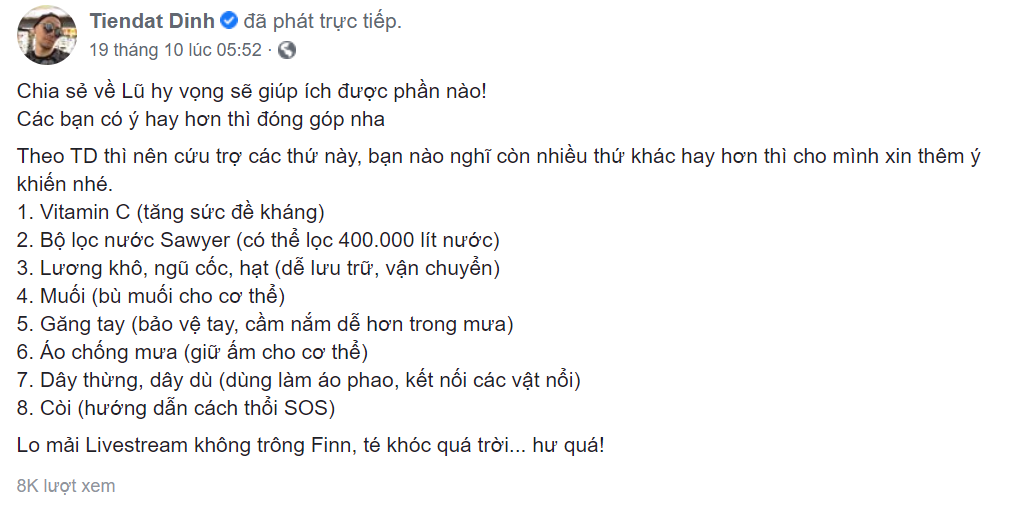 Rapper Tiến Đạt liệt kê 8 vật dụng cần thiết để cứu trợ đồng bào miền Trung ảnh 1