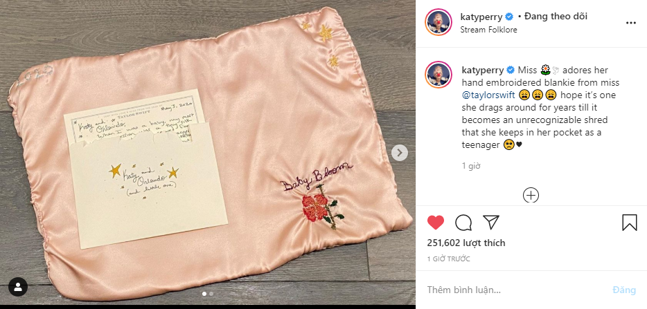 Katy Perry cảm ơn món quà Taylor Swift tặng cho con gái, kêu gọi fan stream “folklore“ ảnh 1