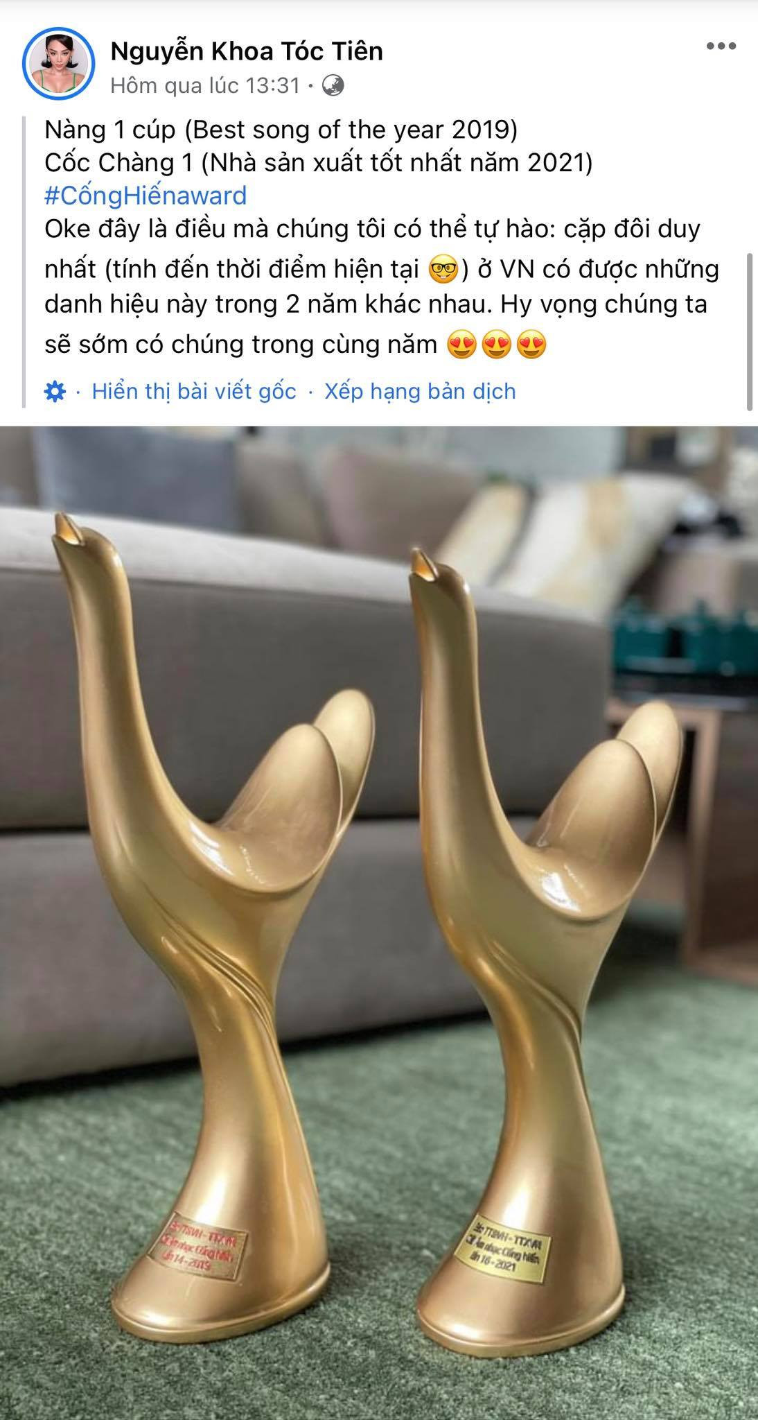 Tóc Tiên khoe hai chiếc cúp Cống hiến, tự hào là cặp đôi V-Biz duy nhất làm được điều này ảnh 2