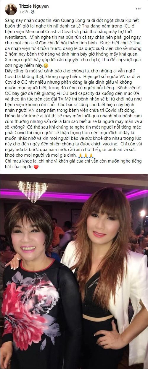Danh ca Lệ Thu mắc COVID-19 ở Mỹ đột ngột trở nặng, phải nằm phòng đặc biệt ảnh 1