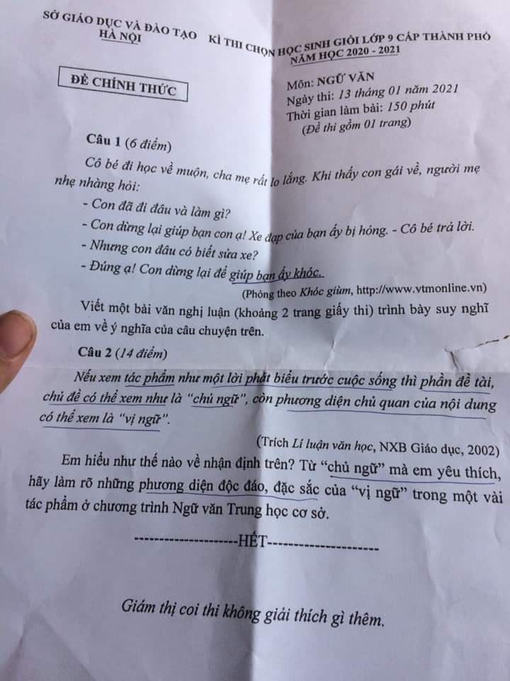 Đề thi Văn dành cho HSG lớp 9 gây tranh cãi khi xuất hiện câu Nghị luận xã hội khó hiểu ảnh 1