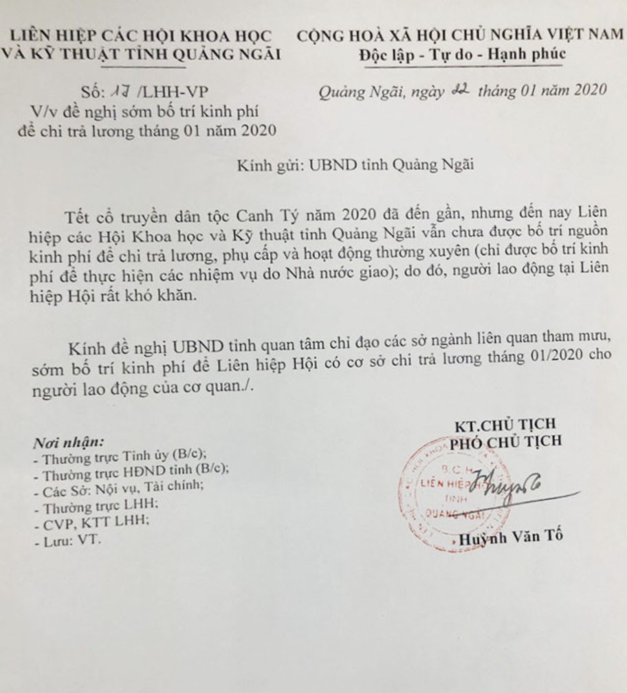 Lãnh đạo, cán bộ hội đặc thù tỉnh Quảng Ngãi không được trả lương gần 2 tháng ảnh 1
