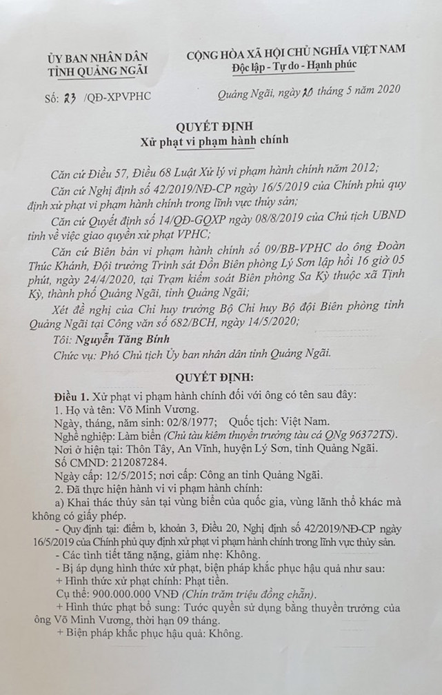 Xử phạt trên 900 triệu đồng một tàu cá vi phạm đánh bắt ngoài vùng biển VN ảnh 1