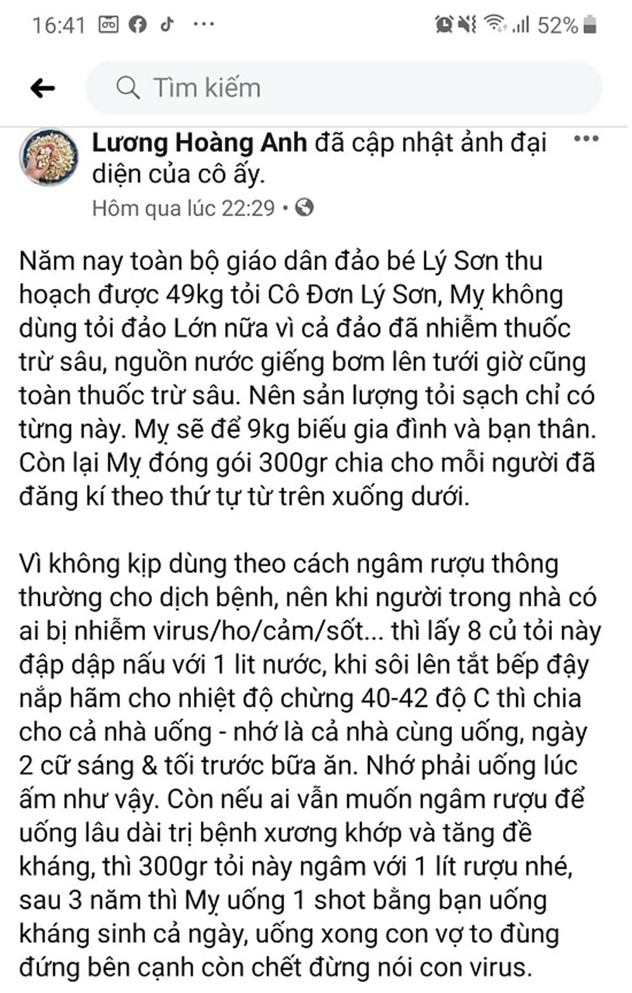 Đề nghị xử lý người đăng 'tin vịt' về tỏi cô đơn ở Lý Sơn ảnh 1
