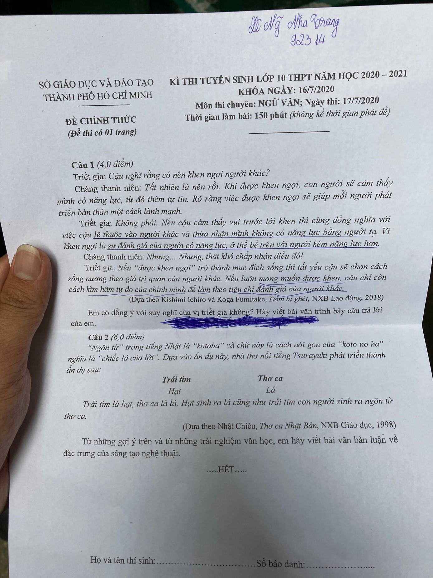 Đề thi Văn chuyên lớp 10 TP.HCM: Không khó nhưng cần sâu sắc, kiến thức xã hội rộng ảnh 1